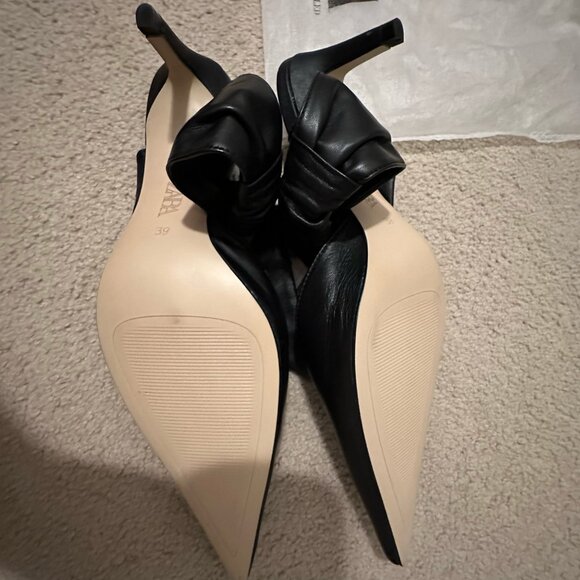 Zara Pointed Toe Leather Bow Mules – Black – Size 8 - Picture 2 of 5